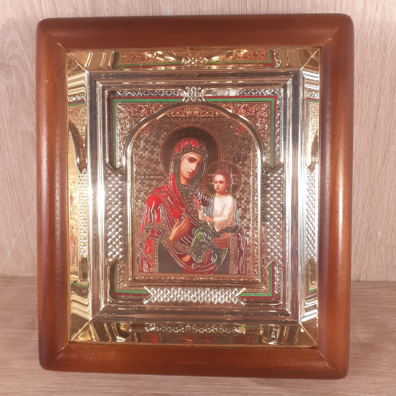 Ікона Тихвінська Пресвята Богородиця, лик 10х12 см, у світлому прямому дерев'яному кіоті, фото 1