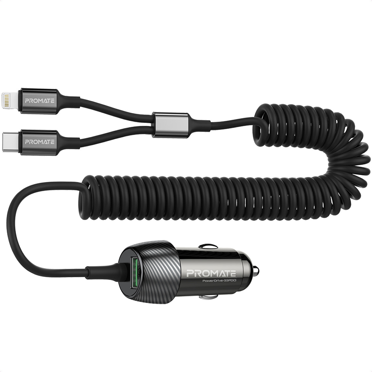 Автомобільний зарядний пристрій Promate PowerDrive-33PDCi, 33 Вт, USB-C,Lightning кабелі + USB-A порт ( powerdrive-33pdci.black)
