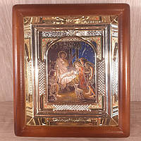 Икона Рождество Христово, лик 10х12 см, в светлом прямом деревянном киоте с арочным багетом