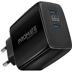 Мережевий зарядний пристрій Promate PowerPort-65 Вт, 2хUSB-C Power Delivery Black (powerport-65.black)