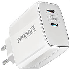 Мережевий зарядний пристрій Promate PowerPort-65 Вт, 2хUSB-C Power Delivery White