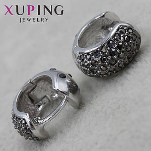 Серьги колечки Белое Золото диаметр 15 мм толщина 7 мм  фирма Xuping Jewelry россыпь черных кристаллов