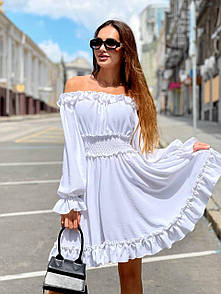 Біла сукня з відкритими плечима з рюшами та резинкою на талії з манжетами на рукавах (р. S-M) 22PL4306