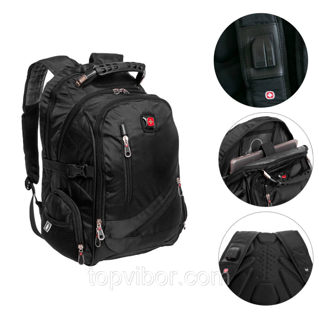 Чорний рюкзак чоловічий 35л "8815", туристичний рюкзак ручна поклажа з чохлом та USB/аудіо виходом, фото 1