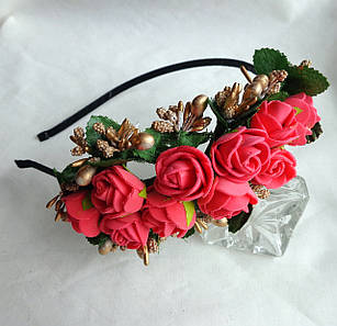 Обруч для волосся з квітами ручної роботи "Коралові Трояндочки"
