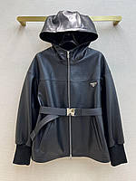Куртка женская кожаная Prada с капюшоном и поясом new 2022