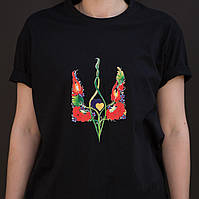 Дитяча футболка KID T-SHIRT для дівчинки та хлопчика чорна бавовняна з принтом ГЕРБ УКРАЇНИ У КВІТАХ 134-140см
