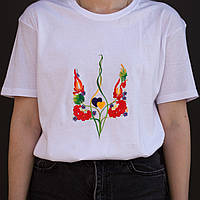 Біла футболка KID T-SHIRT для дівчинки та хлопичика дитяча з принтом ГЕРБ УКРАЇНИ В КВІТАХ бавовна 146-152 см.