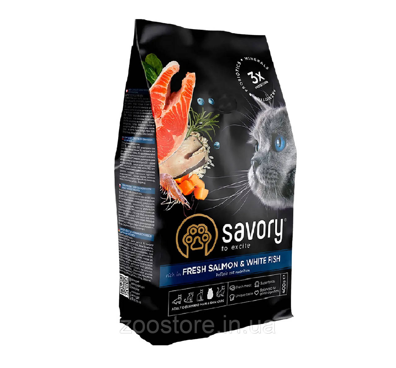 Корм сухий Savory Adult Cat Gourmand Fresh Salmon and White Fish для довгошерстих котів зі свіжим лососем і білою рибою 400 г