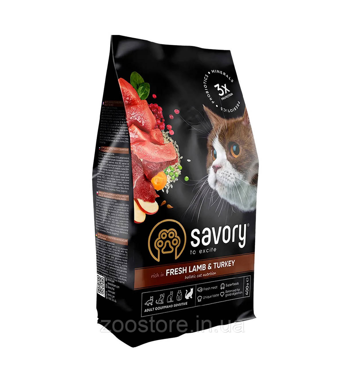 Корм сухий Savory Adult Cat Sensitive Digestion для котів з чутливим травленням зі свіжим м’ясом ягняти та індички 400 г