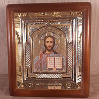Икона Господа Вседержителя, лик 10х12 см, в светлом прямом деревянном киоте с арочным багетом