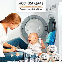 Мячики для сушки из овечьей шерсти 100% Нова Зеландия Dryer Balls. Набор 6 штук с принтом + мешок для хранения