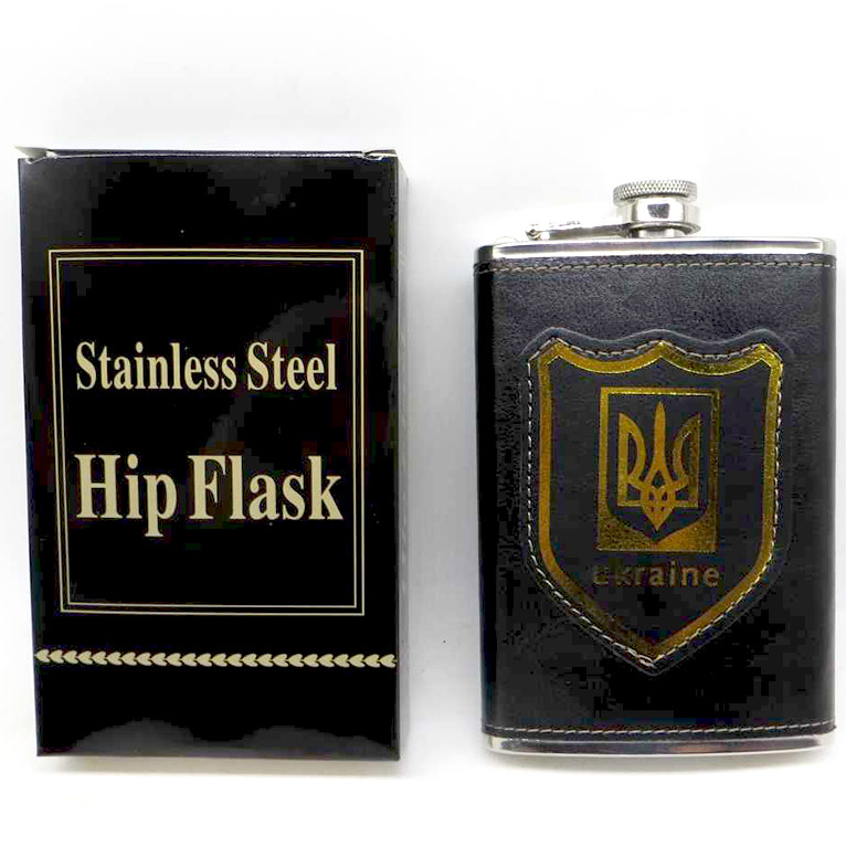 Фляга "Герб України" в шкірі, нержавіюча сталь, 270мл, фото 1