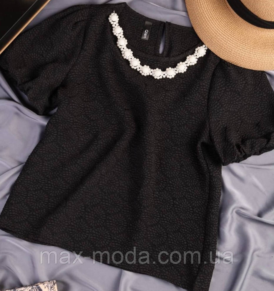 Жіноча молодіжна підліткова  стильна Блуза чорна з малюнком і шикарним декором намисто.