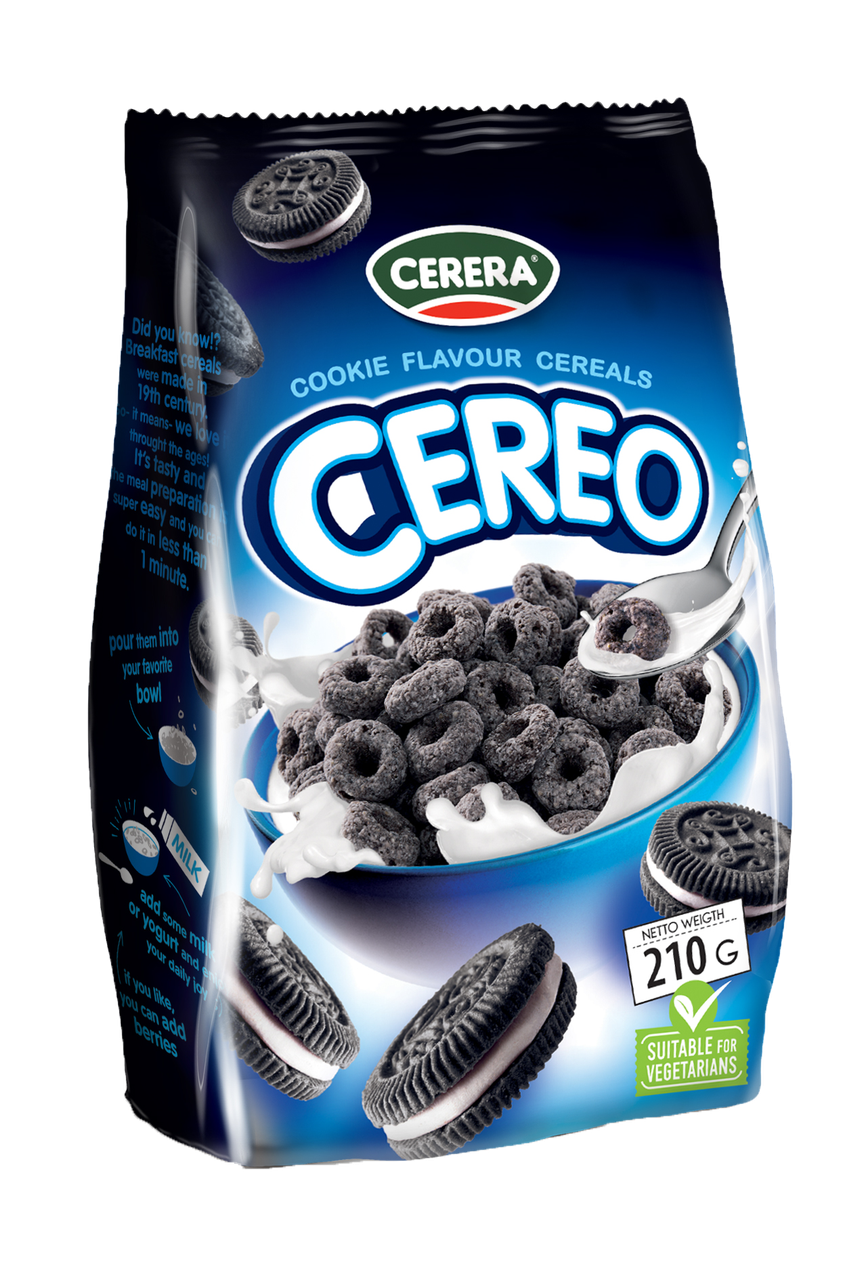 Сухі корисні сніданки кільця з чорними пластівцями Cookie Hoops см.CEREO зі смаком печива для дітей 210г TM Cerera Литва
