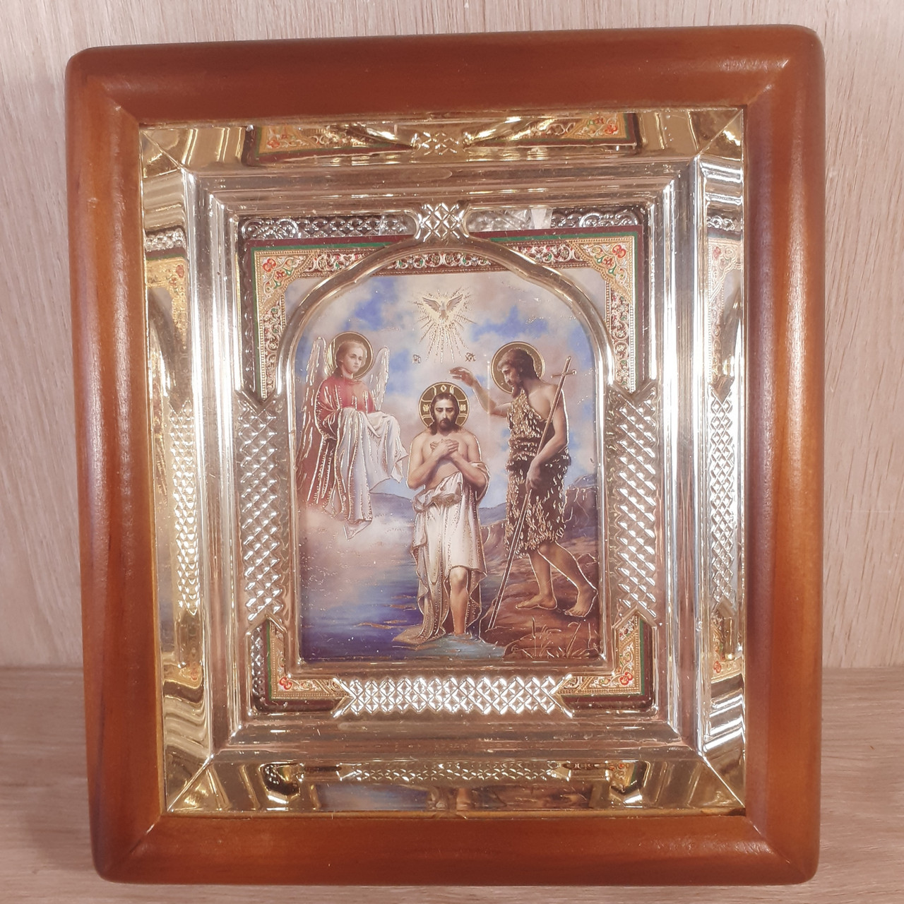 Ікона Хрещення Господнє, лик 10х12 см, у світлому прямому дерев'яному кіоті з арочним багетом