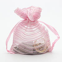Мешочек подарочный розовый органза розово-белый узор полоска с затяжками размер 7х10 см в упаковке 50 штук