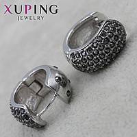 Серьги колечки Белое Золото диаметр 20 мм толщина 11 мм фирма Xuping Jewelry черные кристаллы бочонки