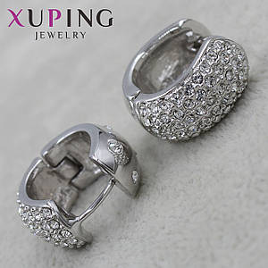 Серьги колечки Белое Золото диаметр 20 мм толщина  11 мм  фирма Xuping Jewelry серебристые кристаллы бочонки