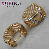 Серьги колечки позолота диаметр 15 мм толщина 6 мм фирма Xuping Jewelry с камушками и насечками золотистые