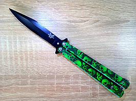 Ніж метелик — Чорного Кольори 22 см із зеленою ручкою в черепах