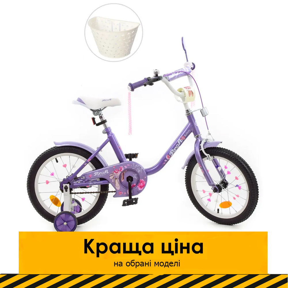 Велосипед двоколісний дитячий 16 дюймів (кошик, дзвіночок, складання 75%) Profi Ballerina Y1683-1 Бузковий