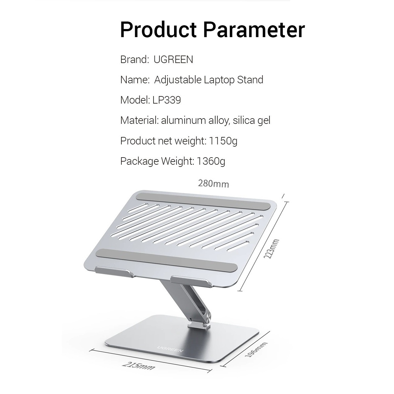 Подставка-держатель для ноутбука регулируемая UGREEN Full Angle Holder For Laptop металлическая (серый) - фото 9 - id-p1657444114