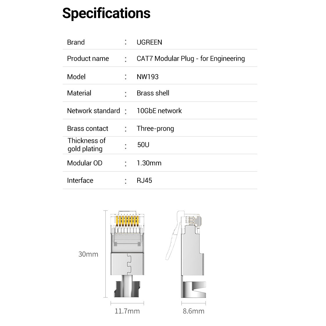 Коннекторы RJ45 FTP Cat7 10шт экранированные UGREEN Shielded Modular Ethernet Plug Gold-plated 50U - фото 7 - id-p1657455292