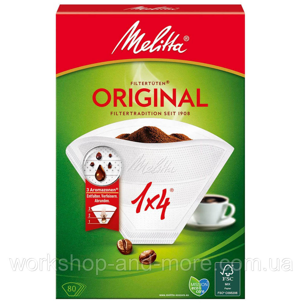 Білі паперові фільтри для заварювання кави з арома-зонами Melitta Original 1х4, 40 шт
