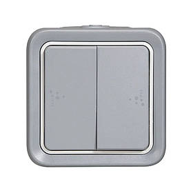Перемикач Legrand Plexo сірий двоклавішний на два напрямки 10АХ 250В ІР55 ІК07 з безгвинтовими зажимами 069715