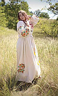 Длинное женское платье вышиванка "Петриковская роспись" из льна длинный рукав под заказ бежевое