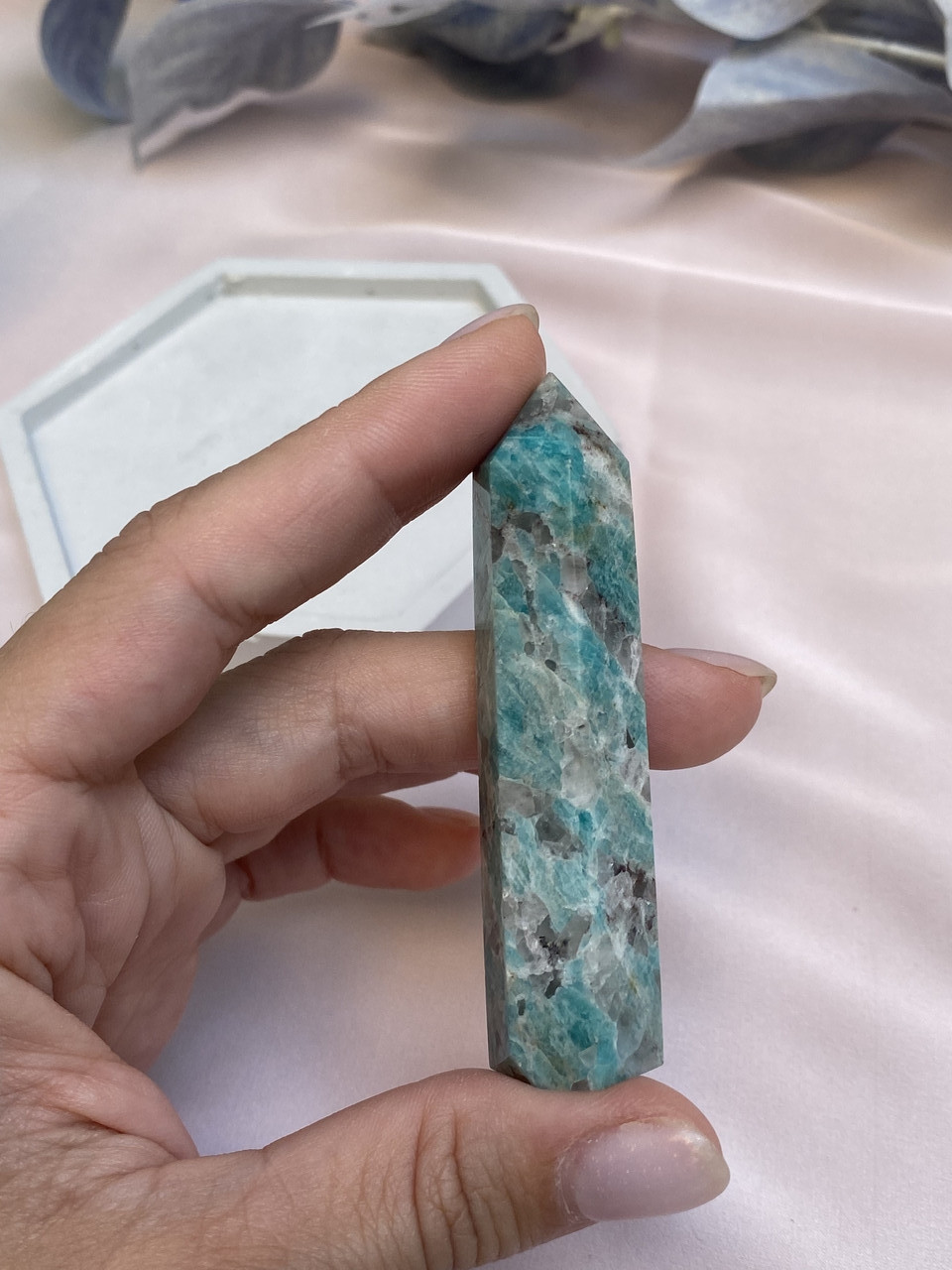 Обелиск Амазонит, столбик или карандаш из голубого минерала, вес 40-70 г, высота 7-8 см, натуральный амазонит - фото 5 - id-p1657607356