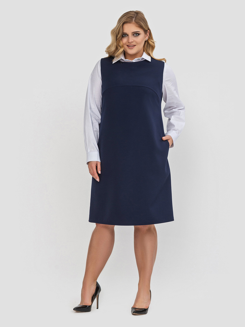 Жіночий сарафан батал розміри 50-56 для офісу з кишенями