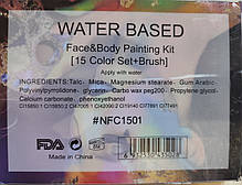 Фарби для боді арту на водній основі, аквагрим, набір 15 кольорів + 2 пензлі, фото 3