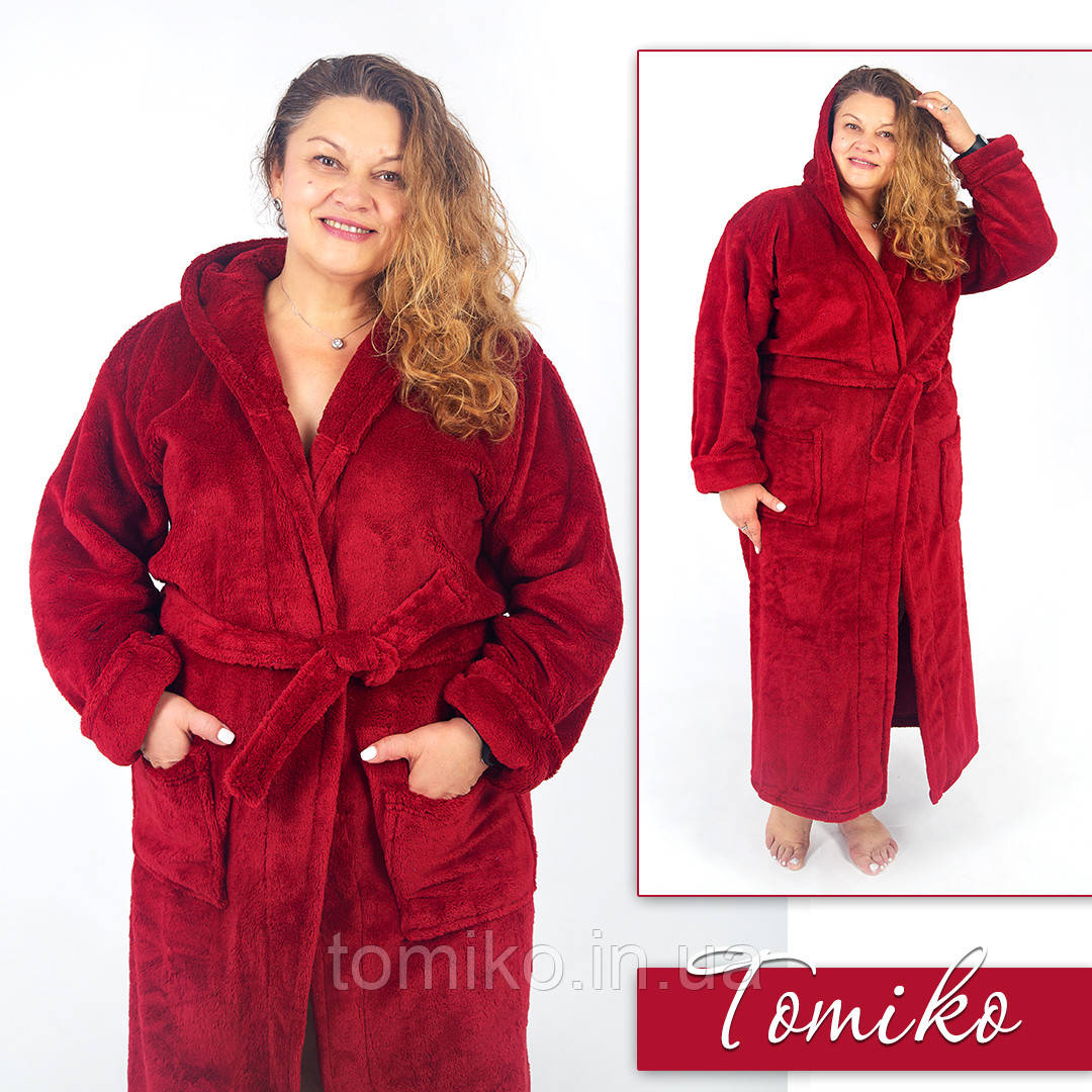 Жіночий халат довгий з капюшоном колір бордо