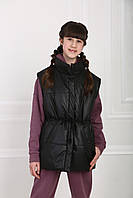 Жилетка на підліткову дівчинку з поясом демісезонна весна-осінь чорна 146-164р