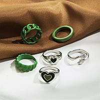 Кольца женские 6 штук набор серебро, темно-зеленые