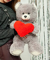 М'який сірий ведмедик Френк із серцем 65 см плюшевий, Красиві іграшки ведмедики з серцем для дівчат
