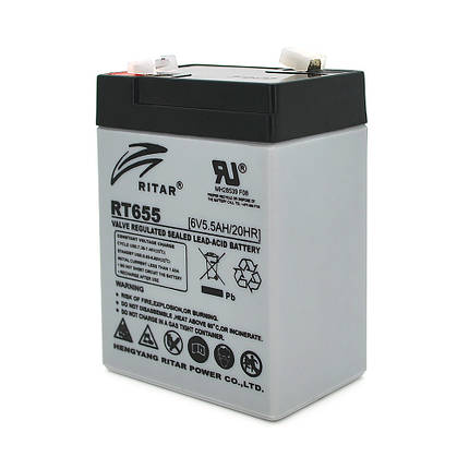 Акумуляторна батарея AGM RITAR RT655, Gray Case, 6V 5.5Ah ( 70х47х99 (105) ) Q20, фото 1
