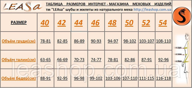 Размерная сетка шубы и жилеты ТМ LEAsa Размерная сетка шубы и жилеты ТМ LEAsa