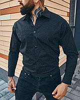 Мужская классическая рубашка черная хлопковая в мелкий горошек однотонная с классическим воротником M (Bon)