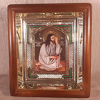 Икона Иисуса Христа Плач об абортах, лик 10х12 см, в светлом прямом деревянном киоте с арочным багетом