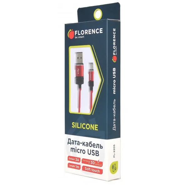 Кабель USB Florence Silicone microUSB 1m 3A (FL-2205-RM) Червоний, фото 1