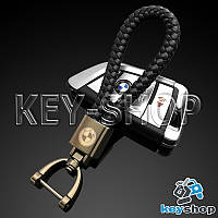 Кожаный плетеный (черный) брелок для авто ключей BMW (БМВ) с хромированным карабином