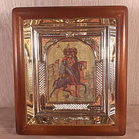 Икона Борис и Глеб святые благоверные князья, лик 10х12см, в светлом прямом деревянном киоте с арочным багетом