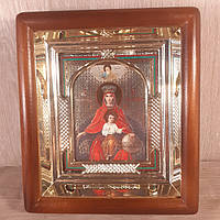 Икона Державная Пресвятая Богородица, лик 10х12 см, в светлом прямом деревянном киоте с арочным багетом