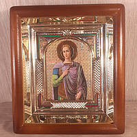 Икона Дмитрий Солунский святой великомученник, лик10х12см, в светлом прямом деревянном киоте с арочным багетом
