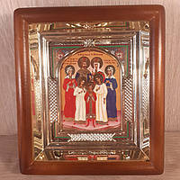 Икона царственные новомученики святые, лик 10х12 см, в светлом прямом деревянном киоте с арочным багетом