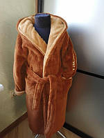 Теплый махровый детский, подростковый халат, на запах, с капюшоном р. 6-8 лет, 115-130 рост св-кор