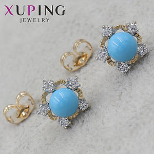 Серьги гвоздики пуссеты  позолота размер 11 Х 11 мм фирма Xuping Jewelry золотистая бирюза с кристаллами